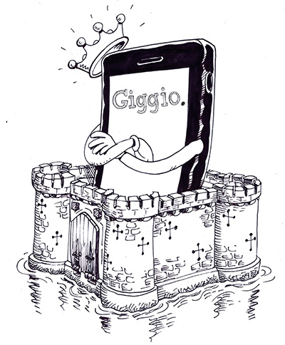 Giggio on a tablet in a castle
