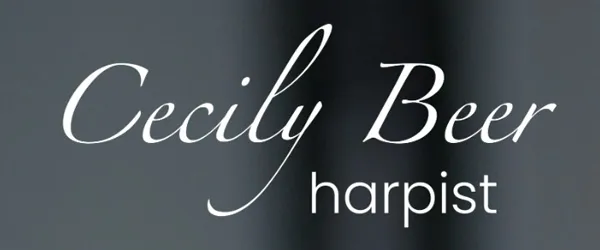 "Cecily Beer harpist" in elegant white script on a dark gradient background.