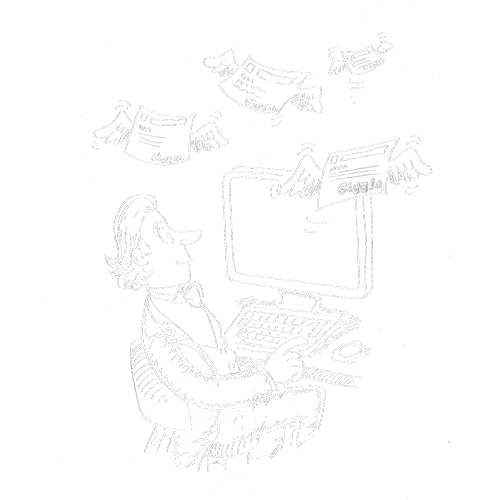 Illustration of a person receiving many flying emails labeled Inbox, Offer, and Click on a computer.