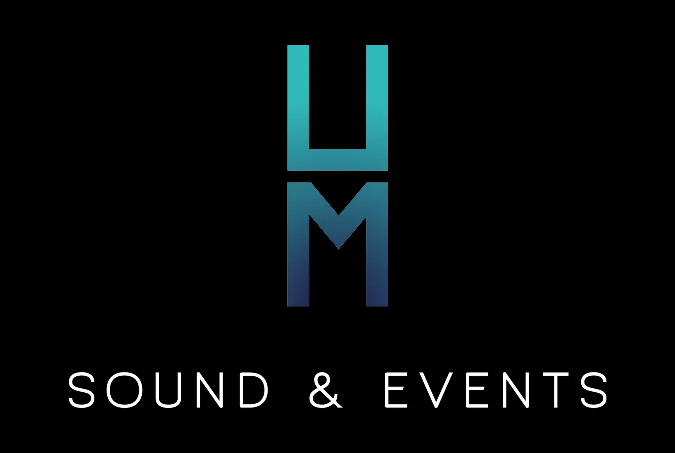 HM logo with gradient blue letters above text reading SOUND & EVENTS on black background.