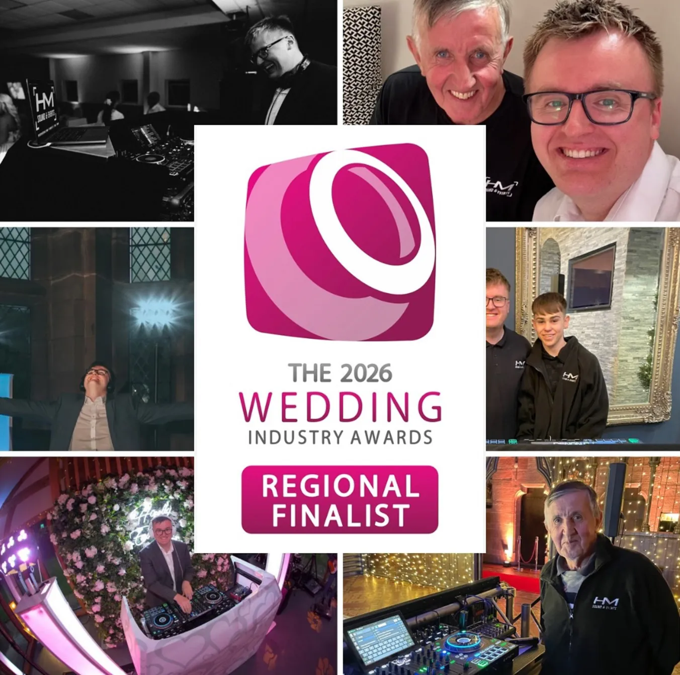 Collage of Harry working, smiling, and a 2026 Wedding Industry Awards Regional Finalist logo.