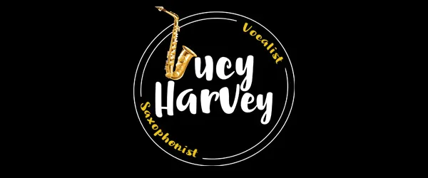 Logo with gold saxophone and white text Lucy Harvey inside two curved white lines on black background.