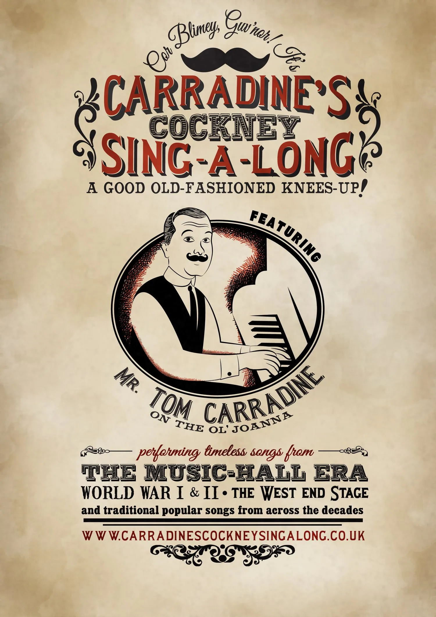 Vintage-style poster for Carradine’s Cockney Sing-A-Long featuring Mr. Tom Carradine at a piano.
