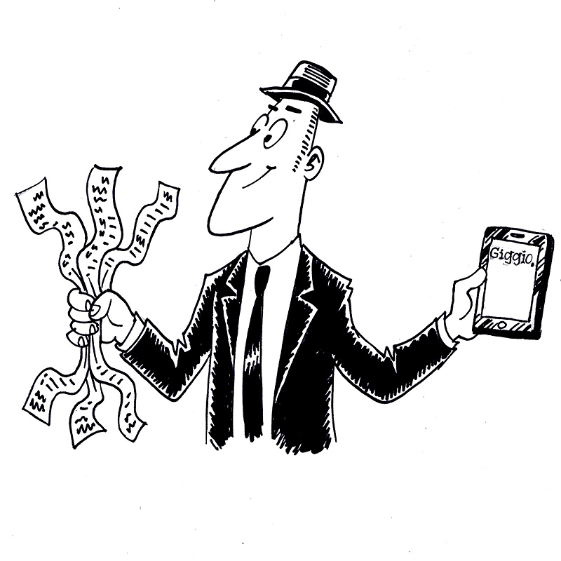 Man in hat and suit holds a phone with 'Giggio' text and a handful of long receipts.